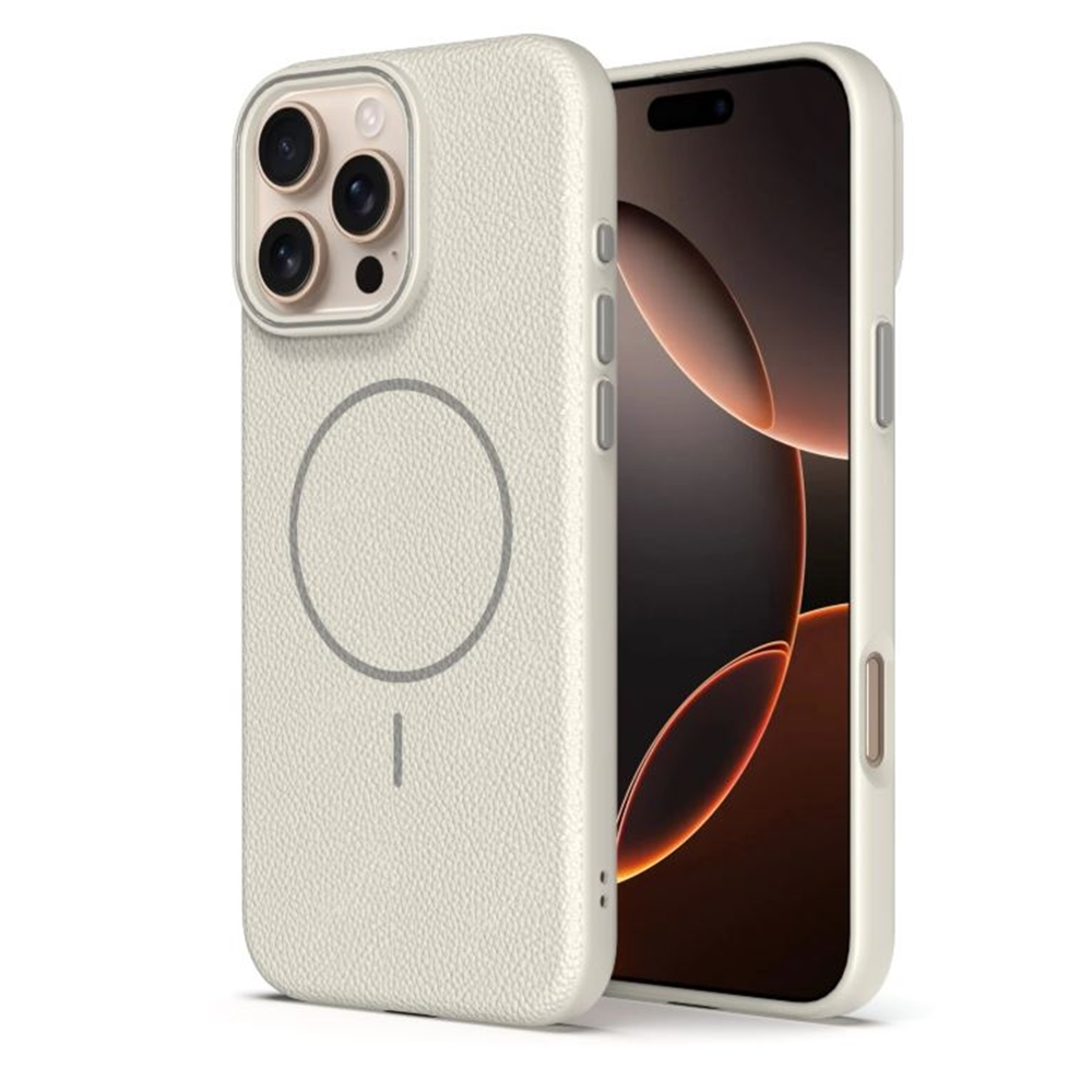 İçinde bir telefon bulunan beyaz bir iPhone kılıfı. Kılıfın arkasında dairesel bir tasarım var. Telefon ekranında kahverengi ve siyah bir görüntü görüntüleniyor.