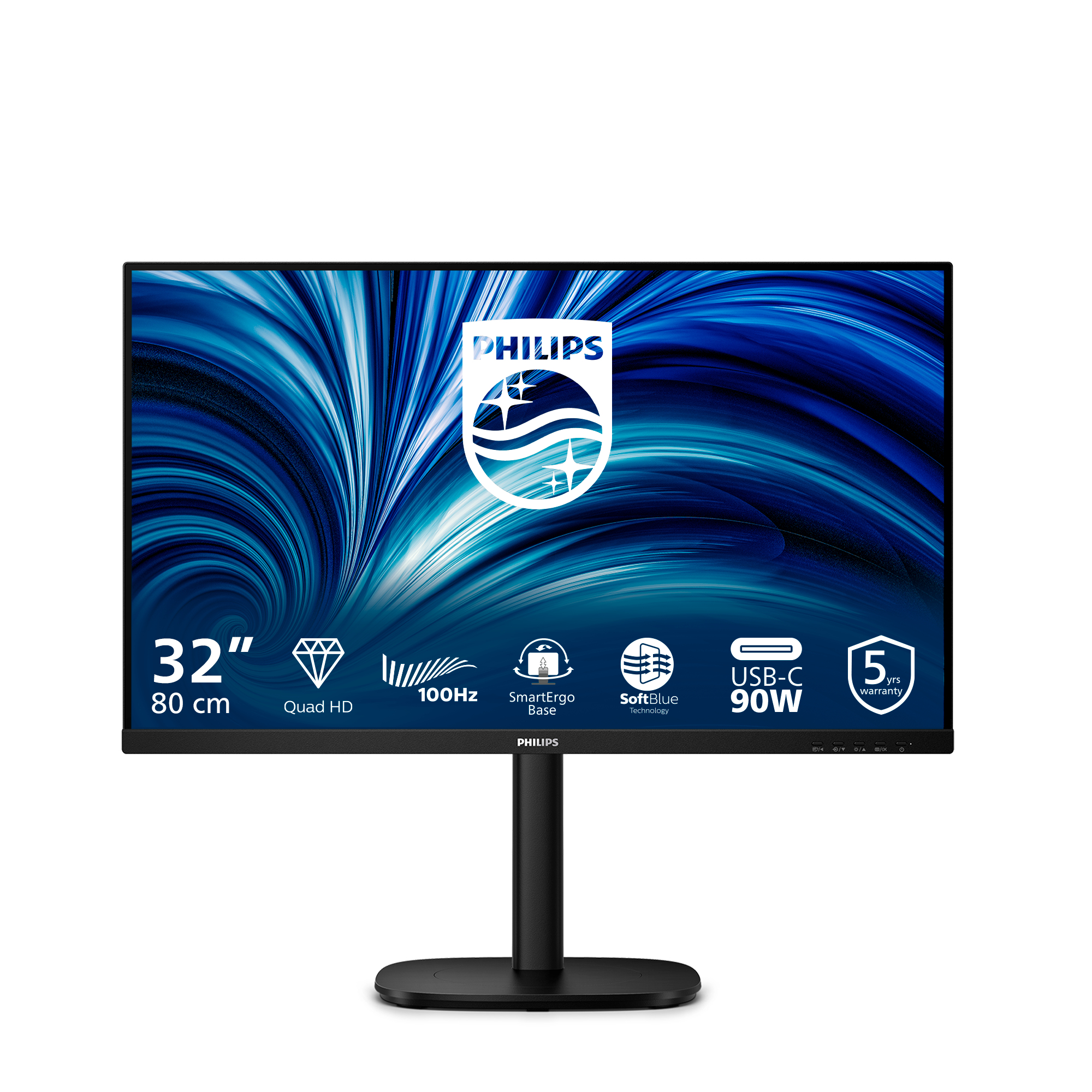 Monitor Philips. Czarna ramka, podstawka. Niebieskie abstrakcyjne tło na ekranie. Cechy: 32", Quad HD, 100Hz, USB-C, 5 lat gwarancji.