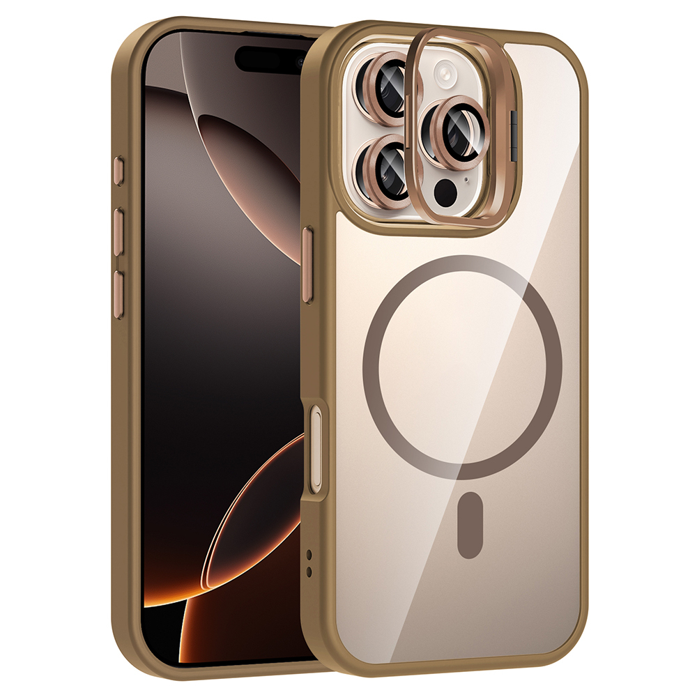 Şeffaf arka ve içindeki bir telefon ile altın renkli bir telefon kılıfı. Kılıfın manyetik bir halkası ve bir lens koruyucusu var.