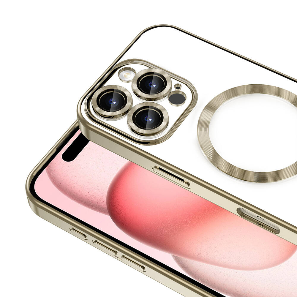 Altın çerçeveli ve şeffaf arka yüzeyli bir telefon kılıfı. Kamera halkası ve pembemsi bir ekran görüntüsü var.