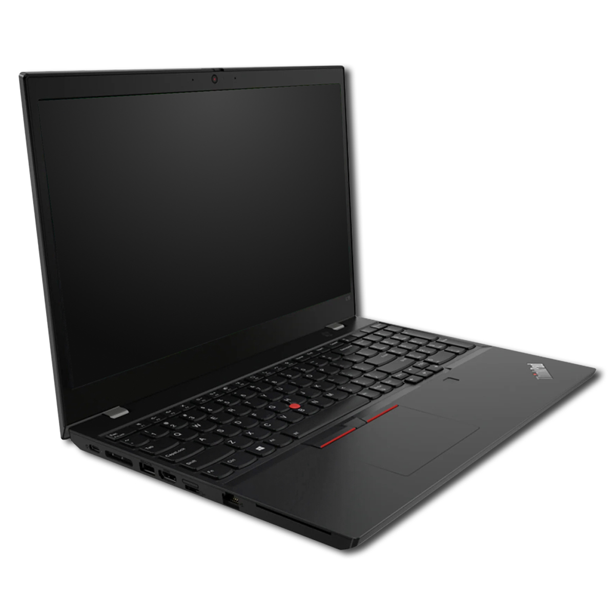 Schwarzes Lenovo ThinkPad-Laptop auf weißer Oberfläche. Der Bildschirm ist geöffnet und zeigt eine schwarze Anzeige. Tastatur sichtbar.