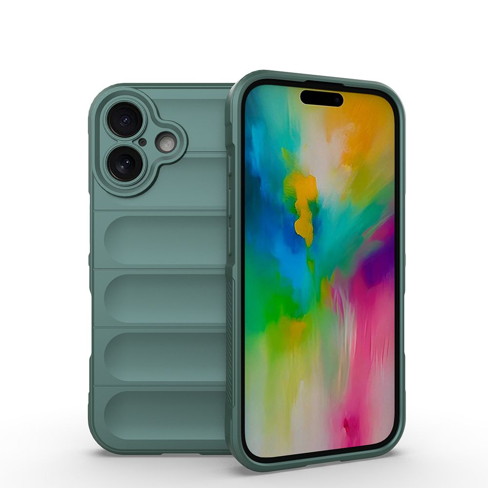 İki turkuaz telefon kılıfı, biri kamera lensleriyle arka tarafı gösteriyor, diğeri ise sanat eseri gösteren renkli bir ekran.
