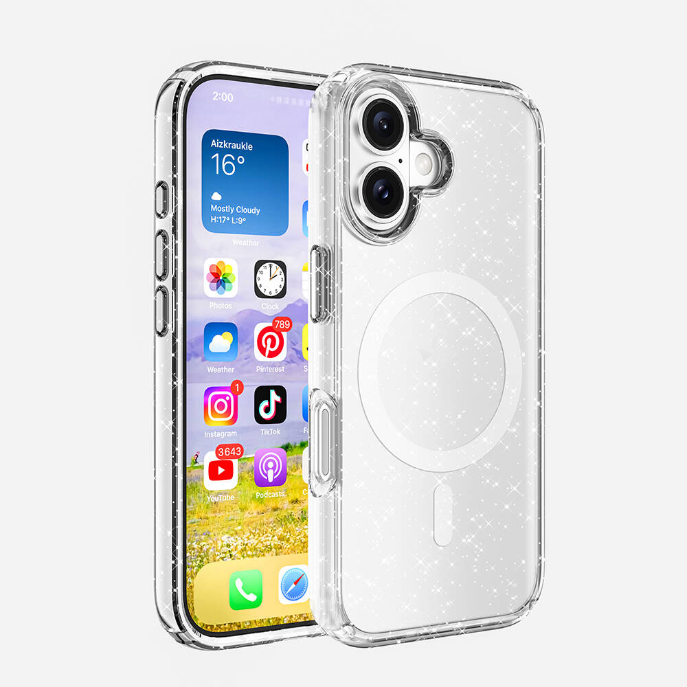 Şeffaf, ışıltılı bir kılıf içinde bir iPhone. Ekran, uygulama simgelerini ve saati gösteriyor. Kılıf kısmen şeffaf.
