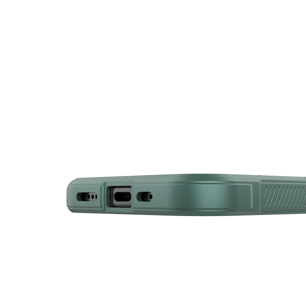 Teal telefon kılıfının yakın çekimi, bir bağlantı noktası, küçük delikler ve dokulu bir taraf gösteriyor. Beyaz zemin üzerinde izole edilmiş.