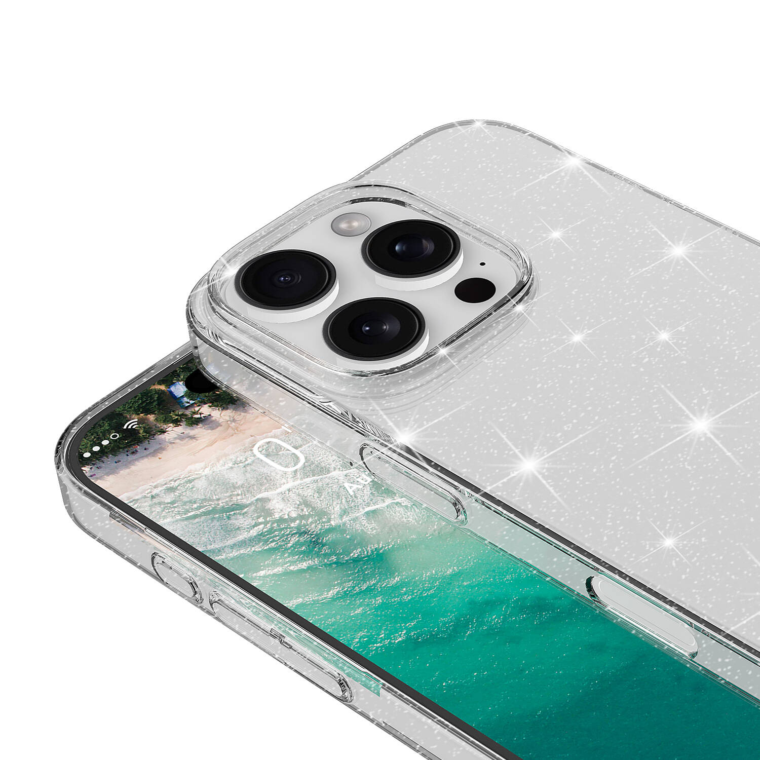 Işıltılı şeffaf telefon kılıfı. Telefonda bir plaj sahnesi görülüyor. Üç kamera merceği görünür.