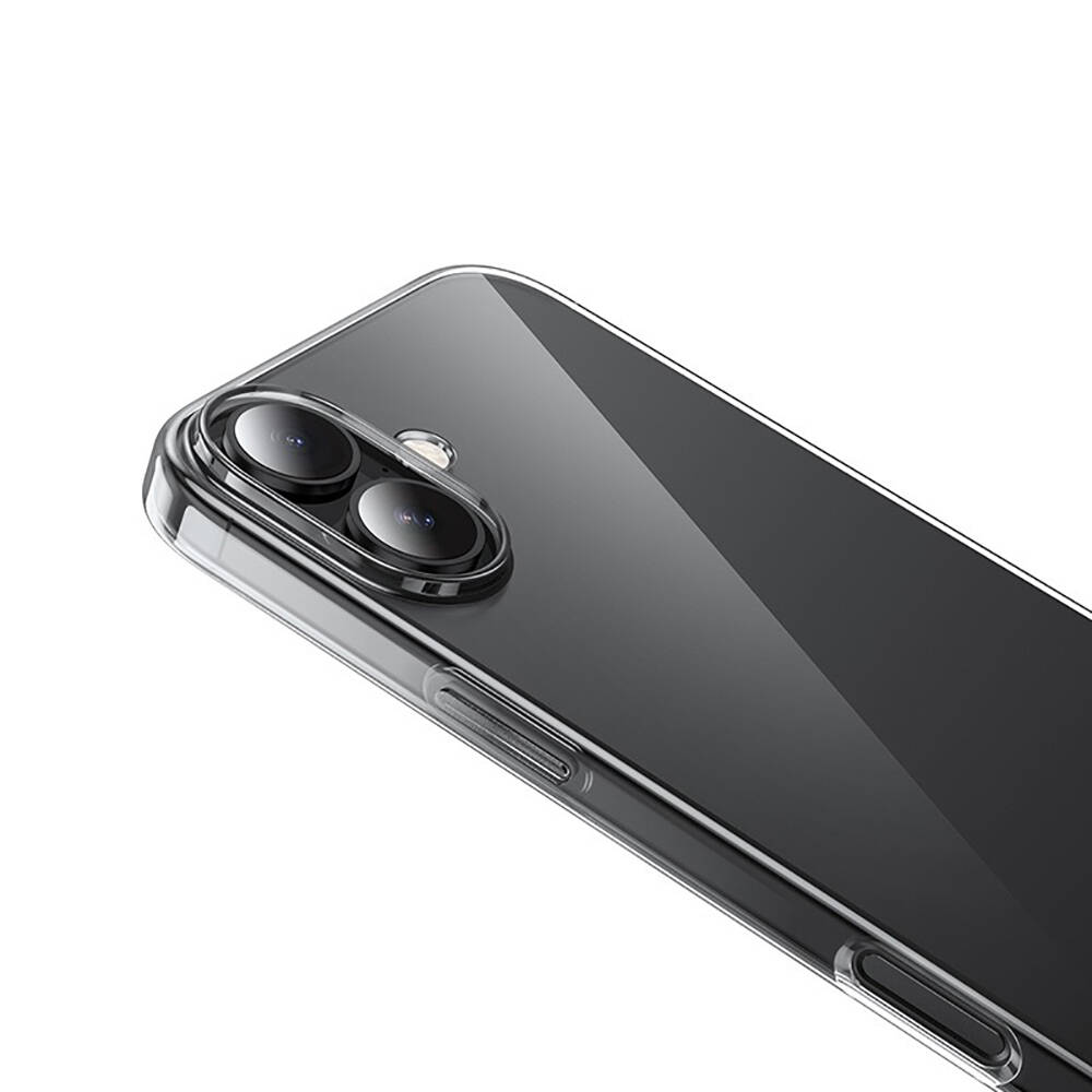 Kısmen gösterilen şeffaf telefon kılıfı. Çift kamera lensi görünür. Kılıf, telefonun arka ve yanlarını kaplar.