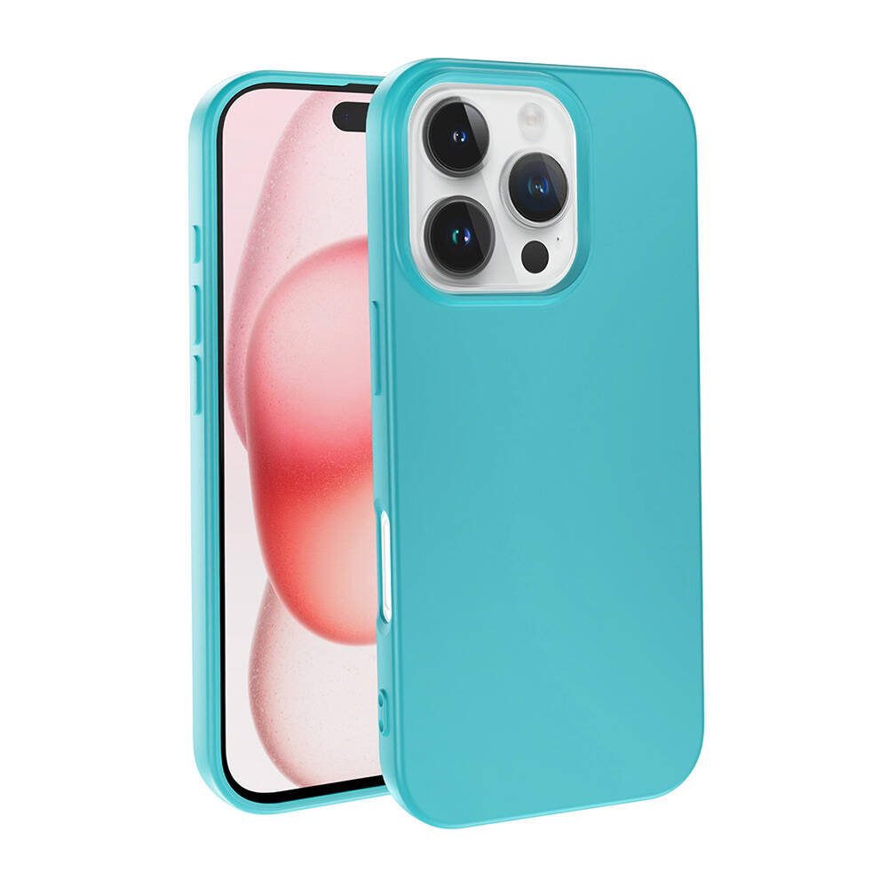 İçinde bir iPhone bulunan turkuaz bir telefon kılıfı. Telefonun ekranında pembe ve beyaz bir tasarım var. Kılıfın üç kamerası var.