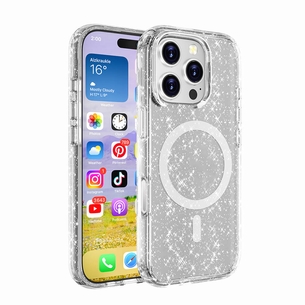 Şeffaf, ışıltılı bir kılıf içinde bir iPhone sergileniyor. Ekran zamanı, hava durumunu ve uygulama simgelerini gösteriyor. Kılıfın arkasında manyetik bir halka var.