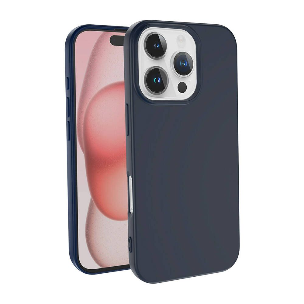 Koyu mavi bir telefon kılıfı ve pembe ekranlı bir telefon beyaz bir arka plan üzerinde.