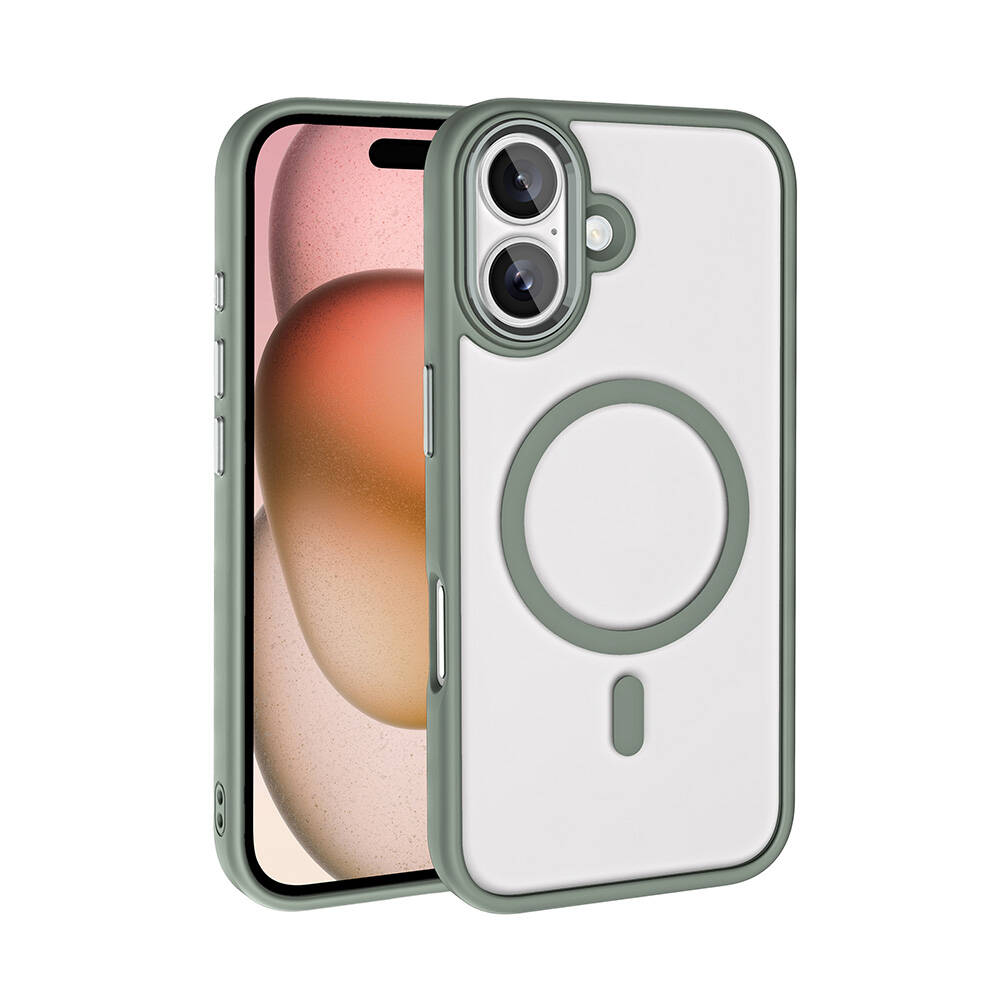 Yeşil çerçeveli şeffaf bir kılıf içinde bir iPhone. Kılıfın arkasında dairesel ve dikey oval bir şekil var.