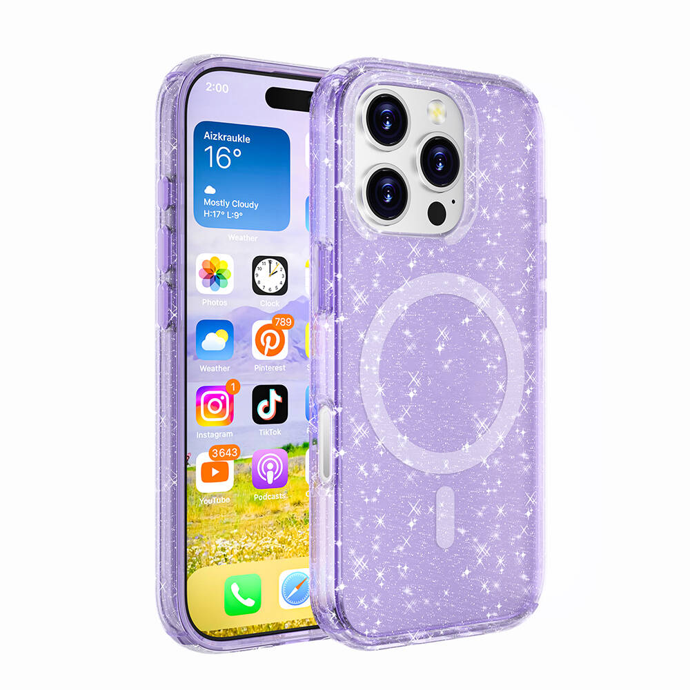 Mor simli telefon kılıfı olan iPhone. Ekran uygulamaları ve hava durumunu gösteriyor. Kılıfın arkasında manyetik bir halka var.