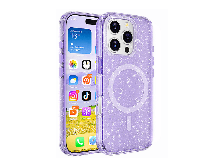 GPACK iPhone 16 Pro Uyumlu Allstar M-Safe Şarj Özellikli Simli Silikon Telefon Kılıfı Mor