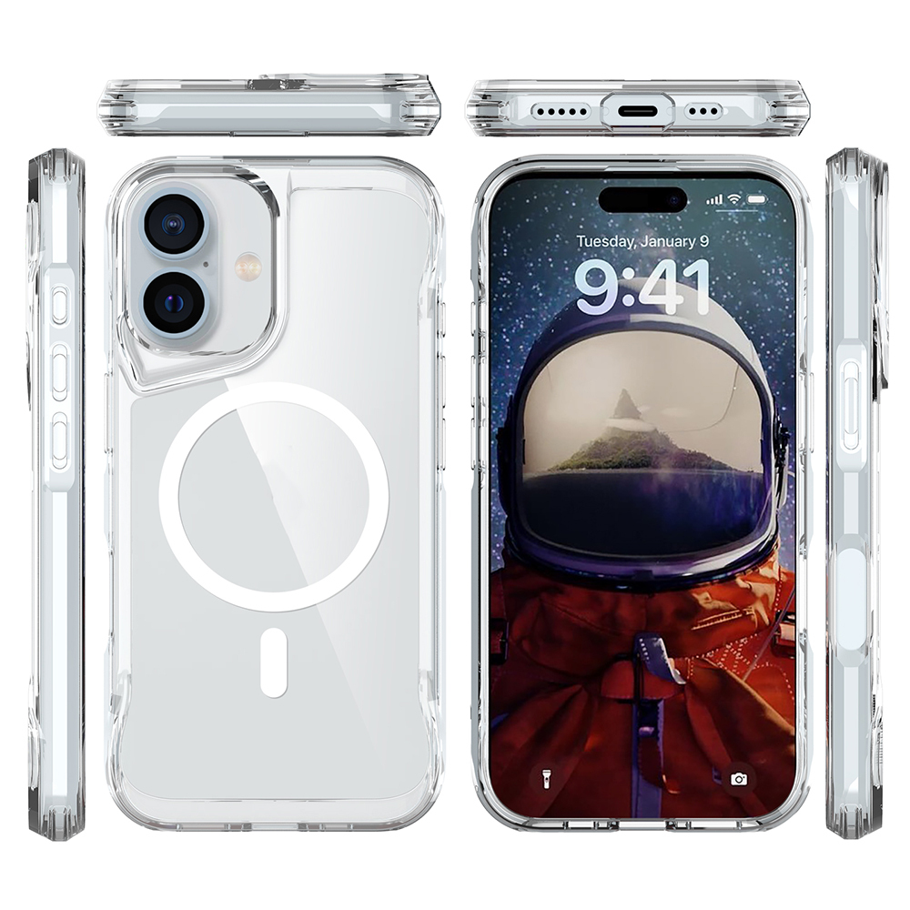 Astronot duvar kağıdı olan telefonu gösteren şeffaf telefon kılıfı. Kılıf manyetik bir daire tasarımına sahiptir. Kılıfın yan ve üst görünümleri.