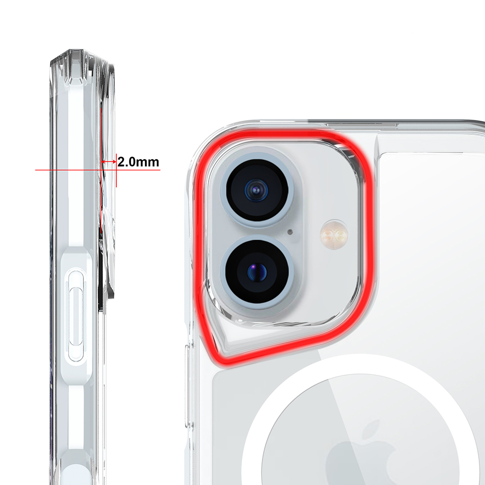 Kırmızı konturlu şeffaf bir telefon kılıfının yakın çekimi. Kılıf bir iPhone'un etrafında. Kamera lensleri ve Apple logosu görünür.