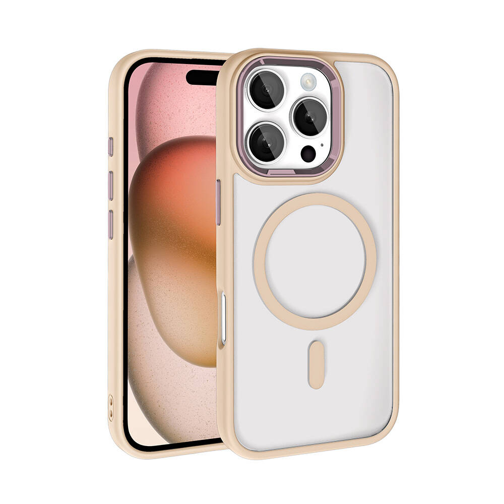 Bej çerçeveli şeffaf kılıf içinde bir iPhone. Telefon kısmen görünür, ekranı ve kamera lensleri görünür.