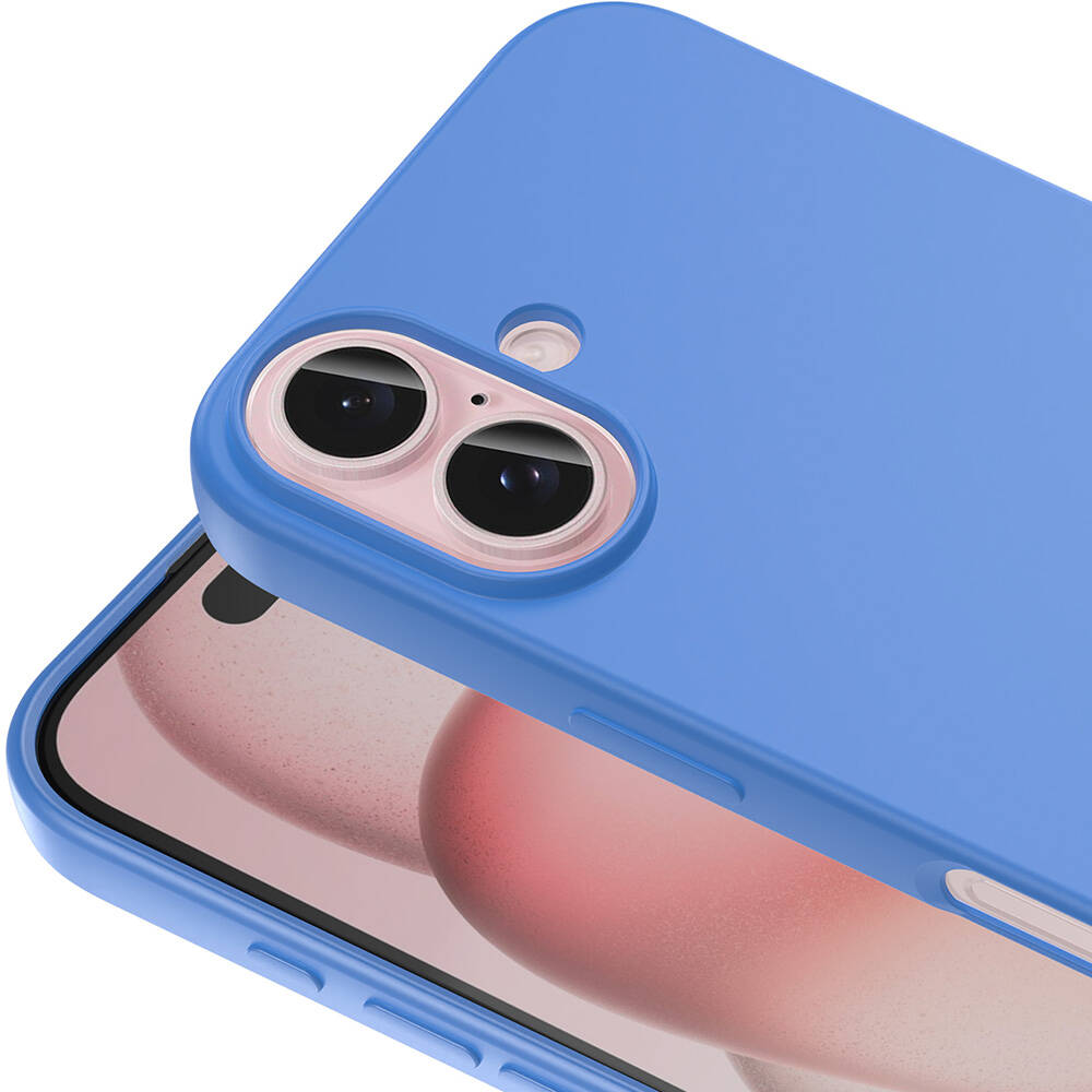 İki kamera lensi görünen mavi bir telefon kılıfı. Kılıf kısmen açık, telefonun ekranını gösteriyor. Arka plan beyaz.