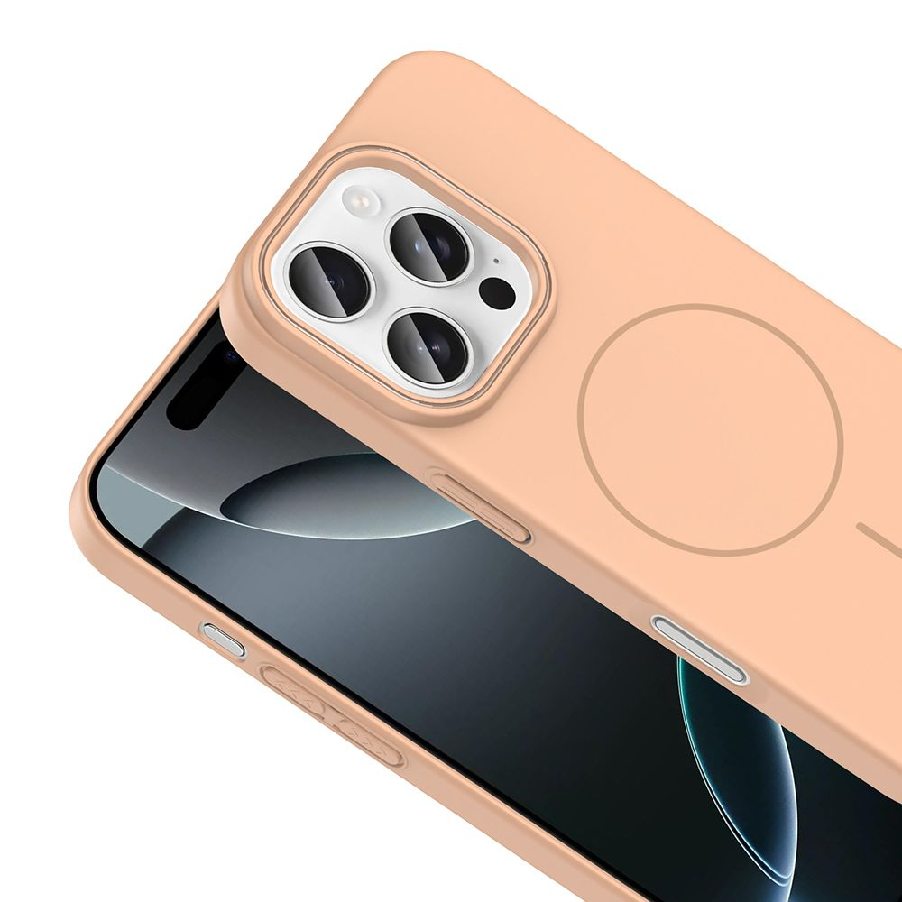 Siyah bir telefon üzerinde şeftali renkli telefon kılıfı. Kılıfın dairesel bir işareti vardır ve kamera lenslerini korur.