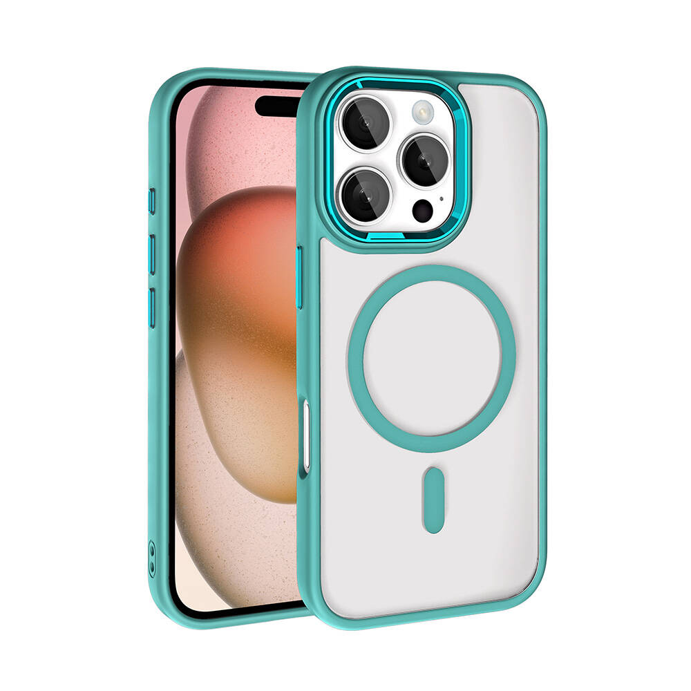 Turkuaz ve şeffaf bir kılıf içinde bir iPhone. Kılıfın turkuaz bir kenarı ve bir halka ile şeffaf bir arka kısmı var.