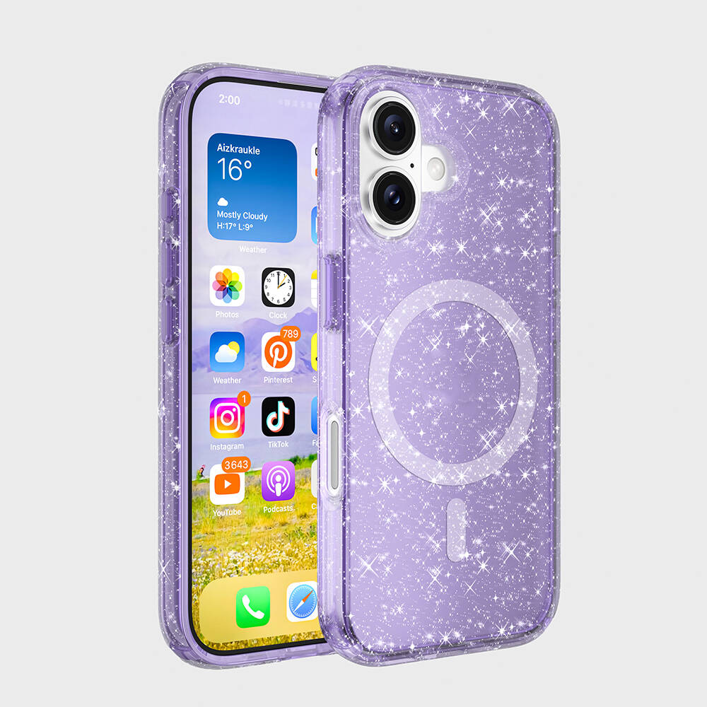 Mor ışıltılı bir kılıfı olan bir iPhone görüntüleniyor. Ekranda uygulamalar ve hava durumu bilgileri gösteriliyor. Kılıf dairesel bir tasarıma sahip.