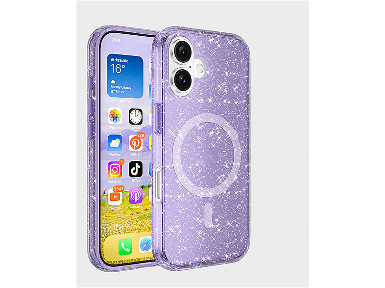 GPACK iPhone 16 Plus Uyumlu Allstar M-Safe Şarj Özellikli Simli Silikon Telefon Kılıfı Mor