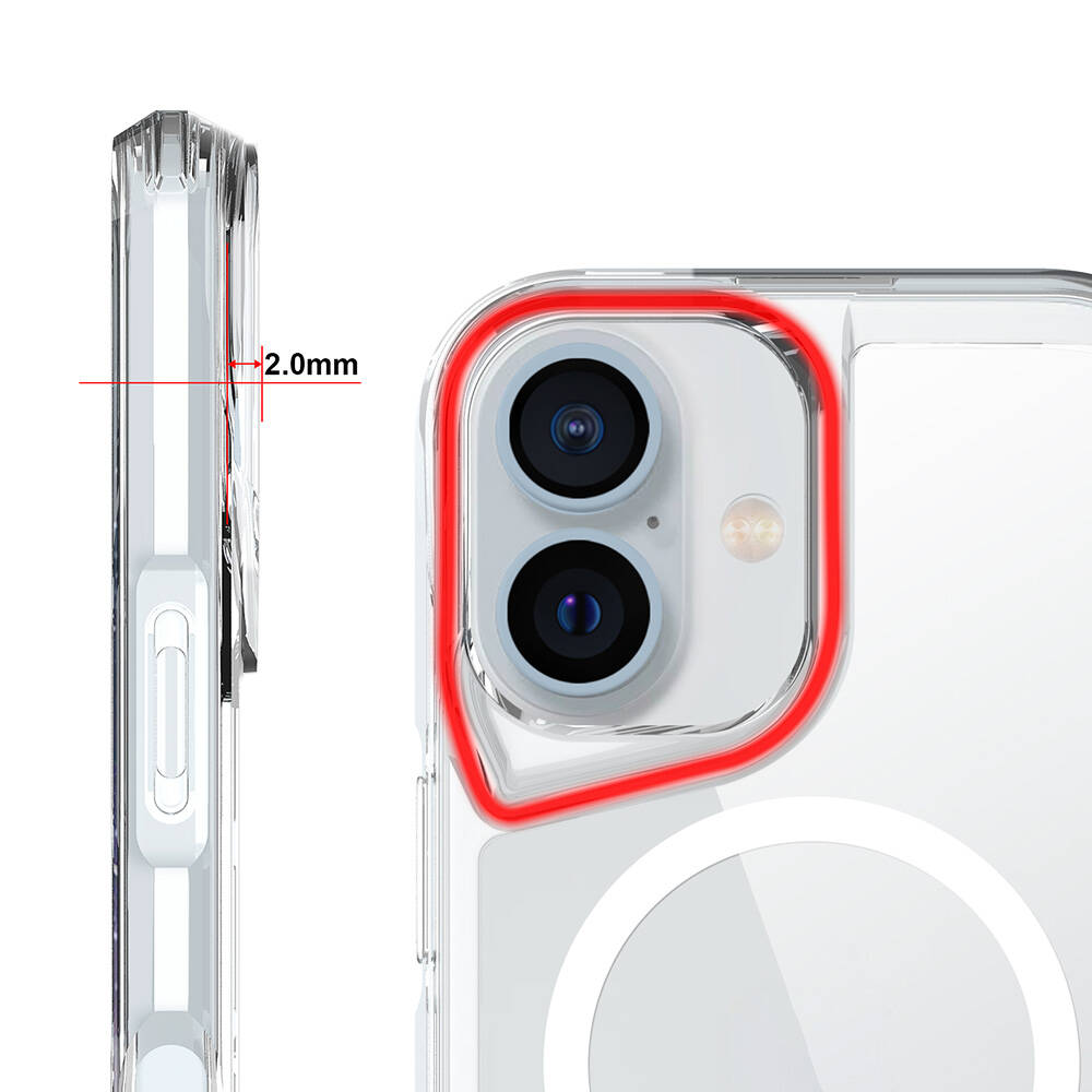 Kamera etrafında kırmızı çerçeveli şeffaf telefon kılıfı. Kılıfın kalınlığı 2,0 mm.