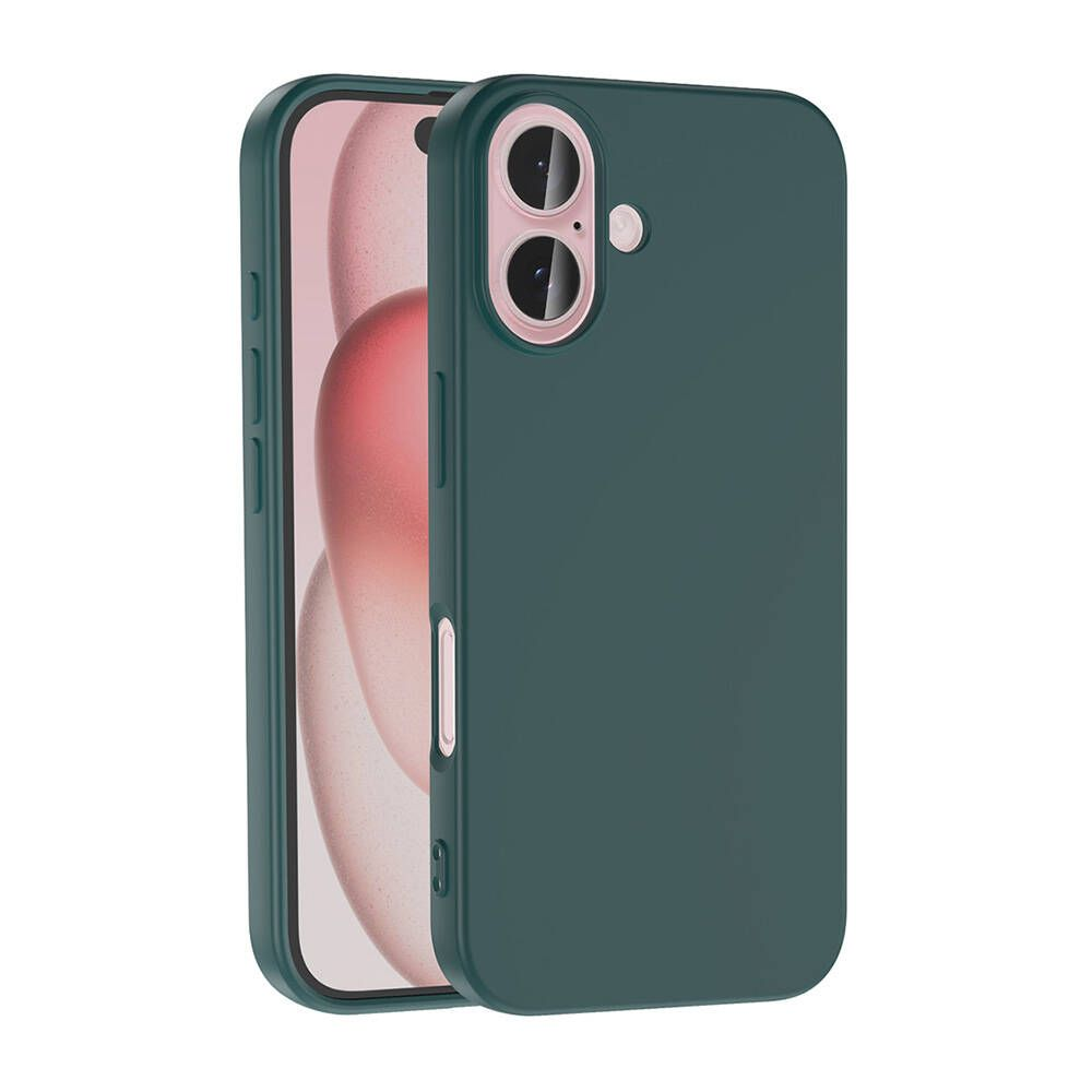 İçinde bir telefon bulunan yeşil bir telefon kılıfı. Telefonun ekranında bulanık pembe ve beyaz bir görüntü var.
