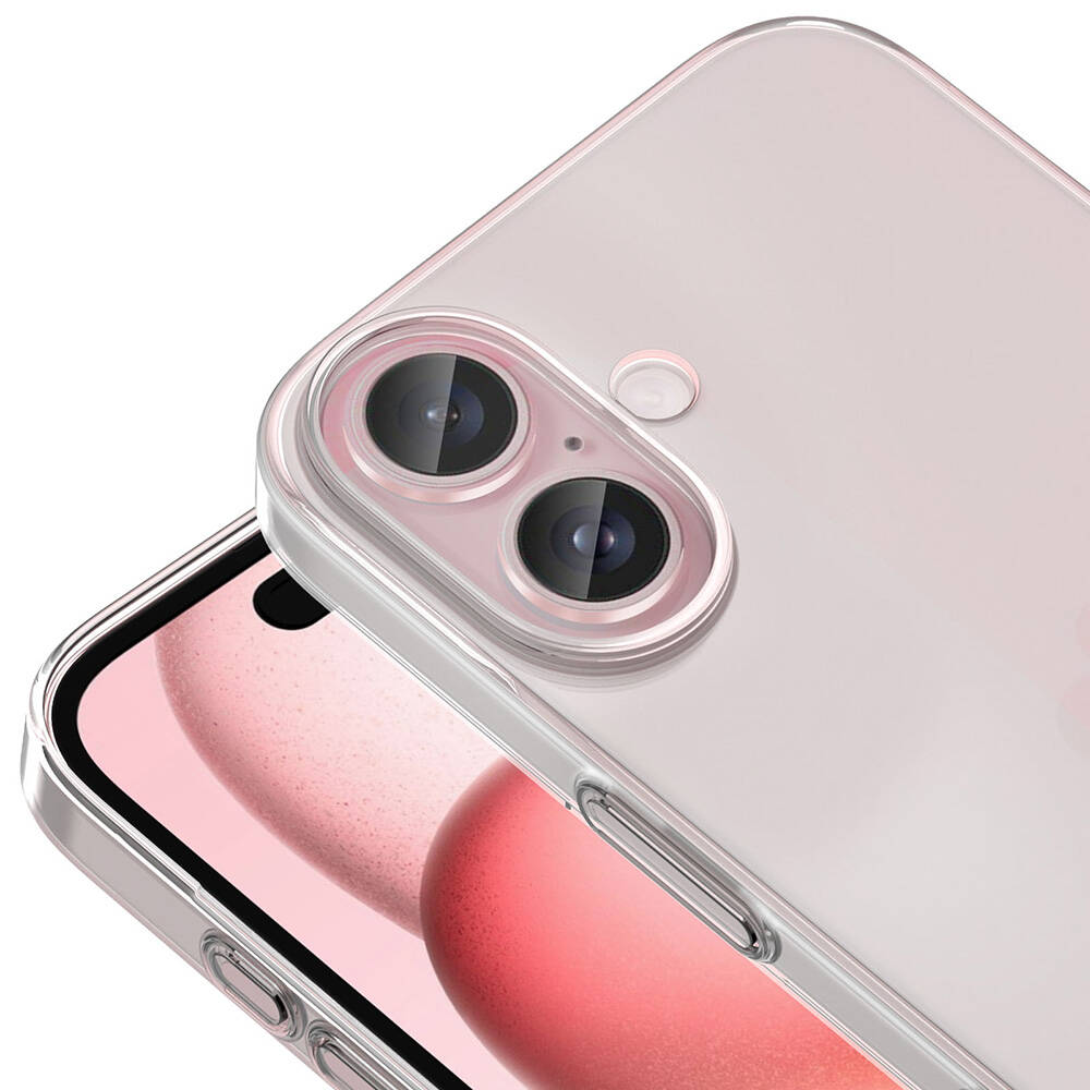 Pembe bir telefonun üzerindeki şeffaf bir telefon kılıfının yakın çekimi. İki kamera merceği görülebilir. Arka plan açık pembe bir telefondur.