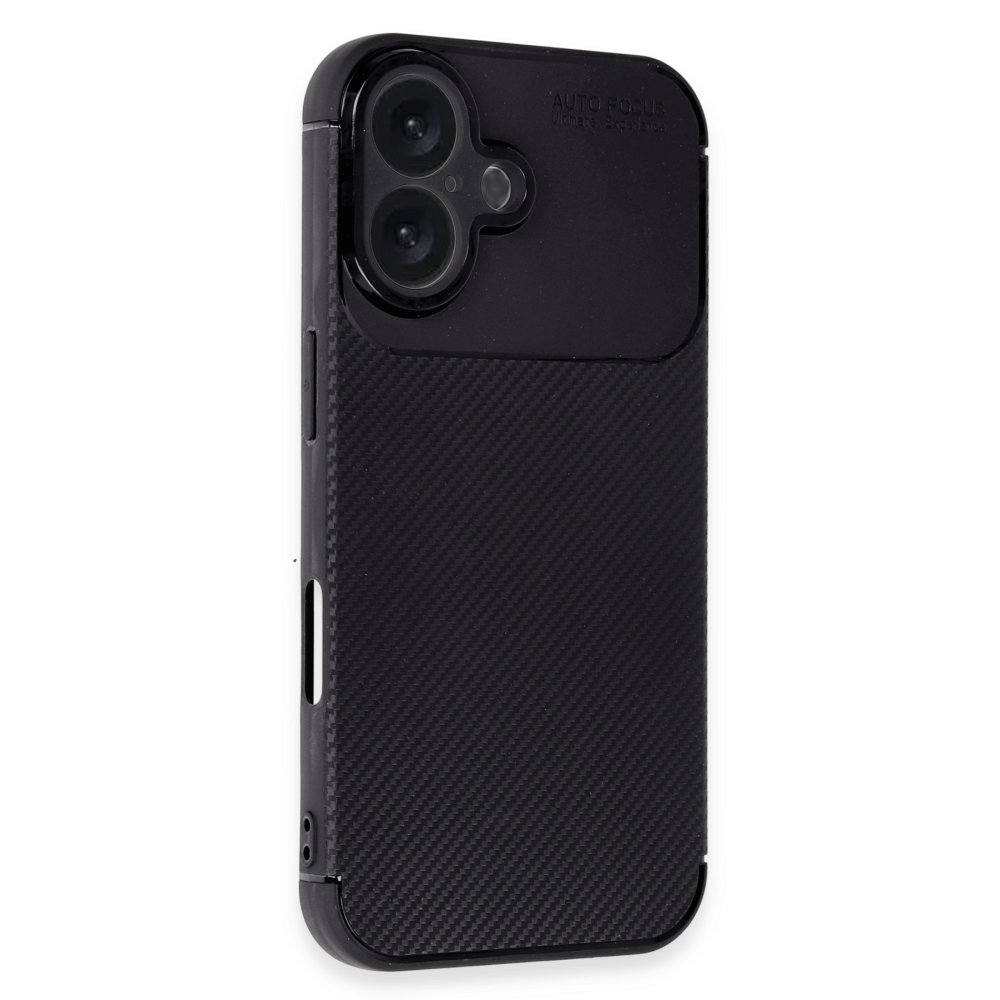 Karbon fiber dokulu siyah telefon kılıfı. İki lensli bir kamera modülüne ve 'AUTO FOCUS' yazısına sahiptir.