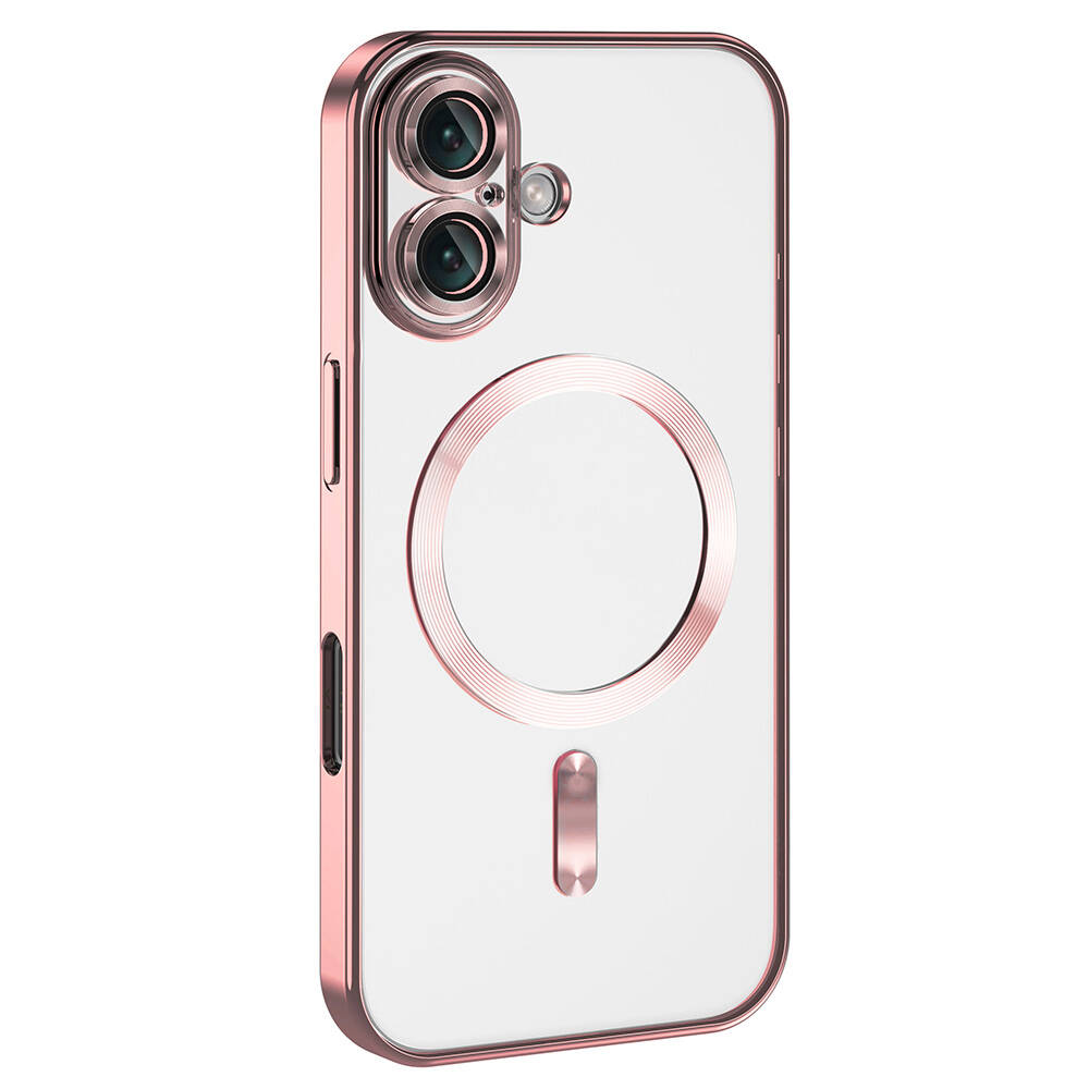 Pembe çerçeveli şeffaf telefon kılıfı. Kamera kesimi ve arkada halka ve çubuk tasarımı var.