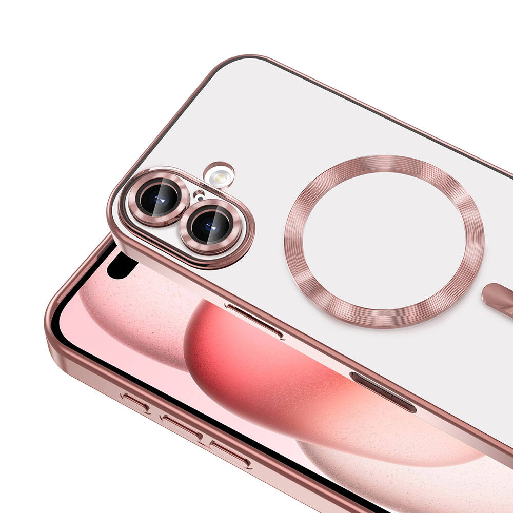 Gül altın rengi çerçeveli şeffaf telefon kılıfı. Kamera lens koruyucusu ve MagSafe halkası bulunuyor.