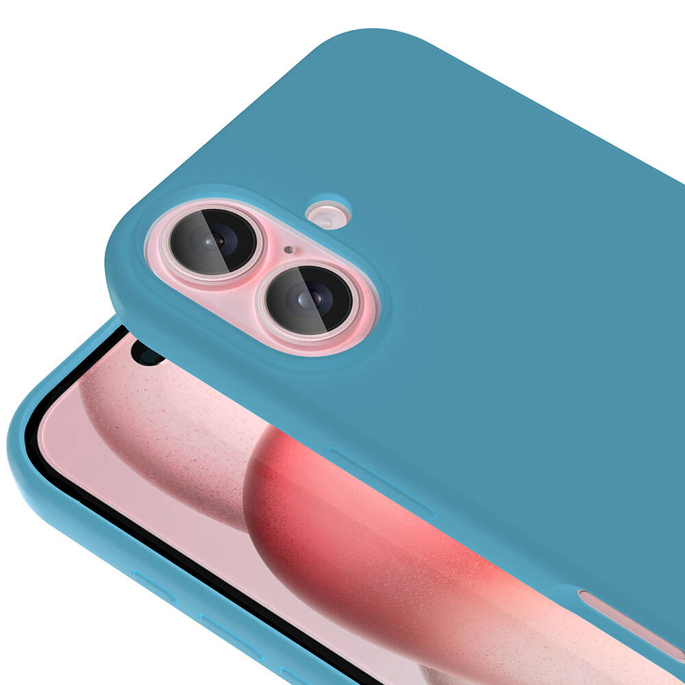 İki kamera lensi olan mavi bir telefon kılıfı gösteriliyor. Kılıfın altında bir telefon ekranı görülebilir.