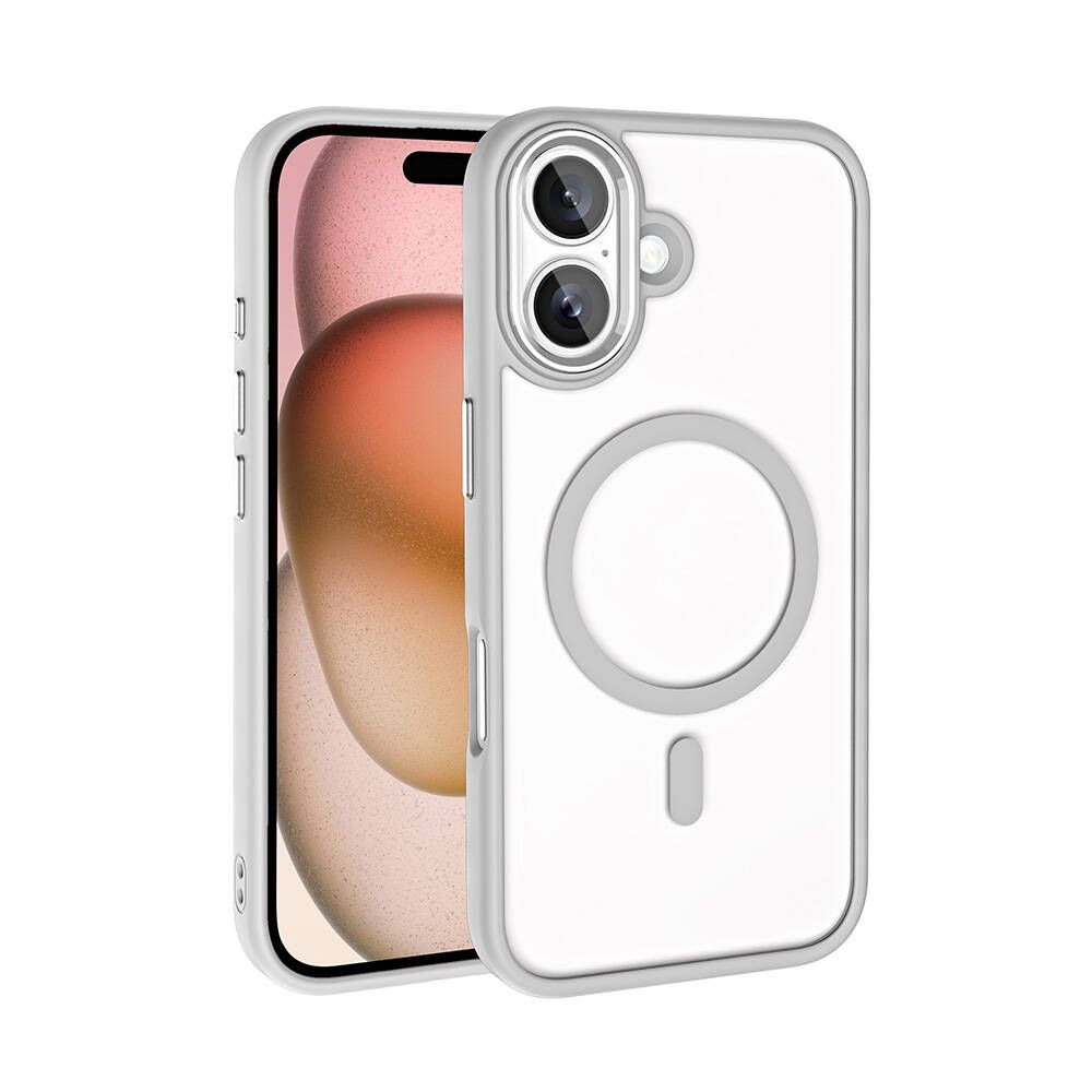 Gri kenarlı şeffaf telefon kılıfı. İçinde bir telefon görülebilir. Kılıfın kamera oyuğu ve arkasında dairesel bir tasarımı vardır.