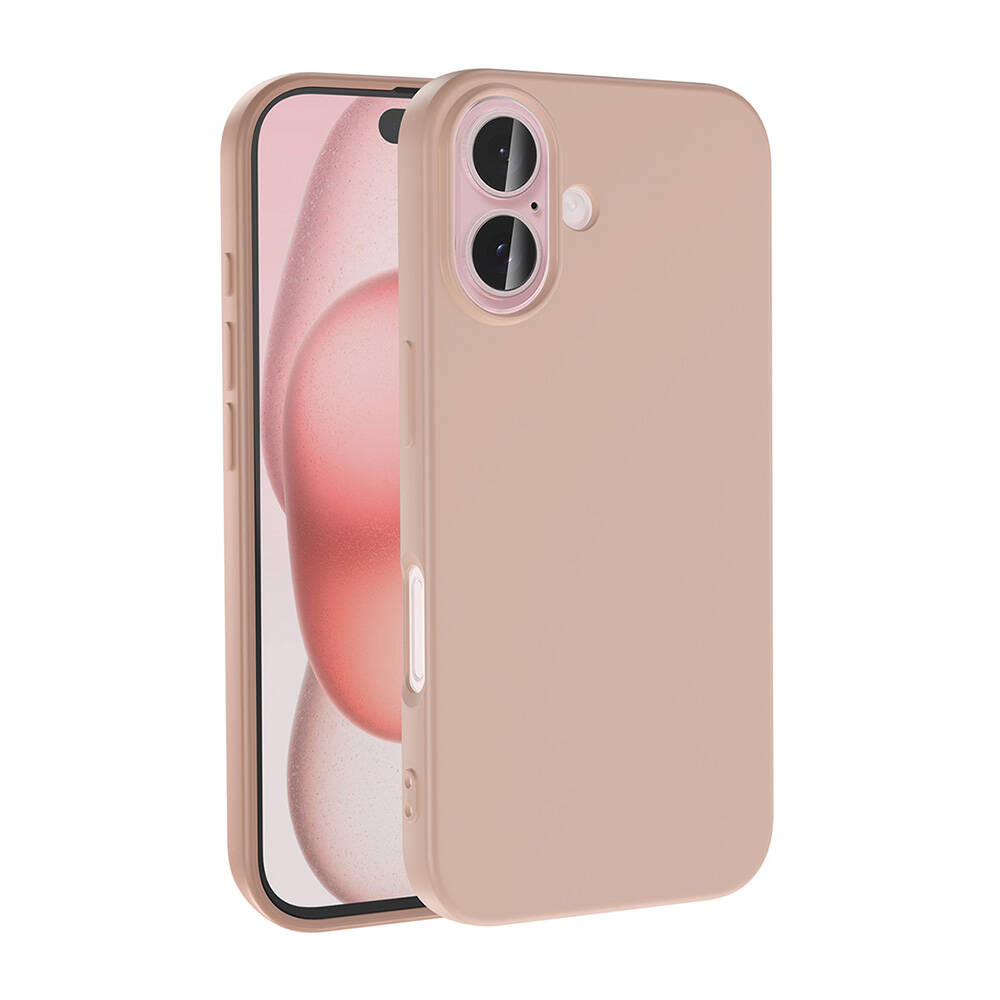 Şeftali renkli bir kılıf içinde bir telefon. Ekran, pembe ve beyaz bulanık bir tasarım gösterir. Kılıfta kamera lensleri ve düğmeler bulunur.