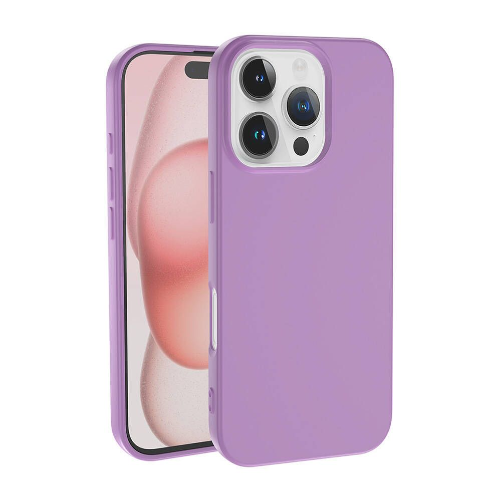 İçinde bir iPhone bulunan mor bir telefon kılıfı. Ekran pembe ve beyaz bir görüntü gösteriyor. Kılıfın kamera kesikleri var.