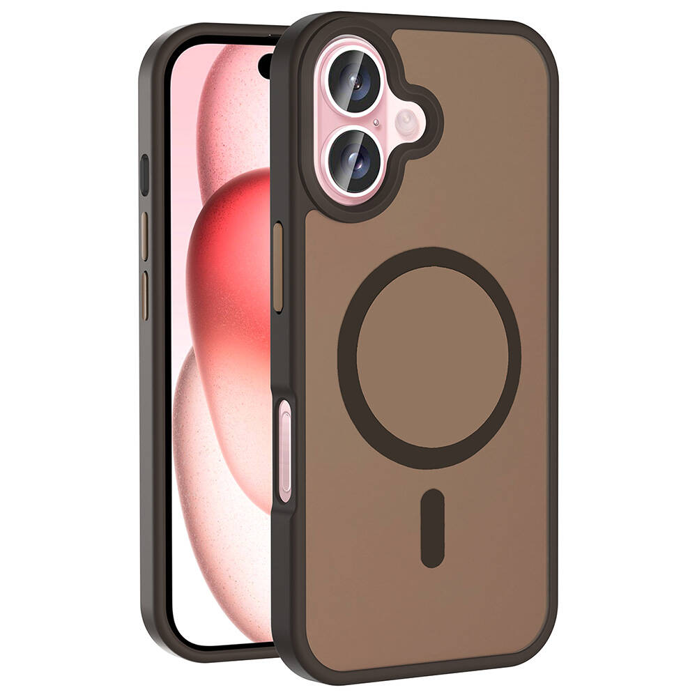 Pembe kamera çıkıntısı ve telefon ekranı olan kahverengi ve siyah bir telefon kılıfı. Kılıfın üzerinde bir daire ve bir çizgi var.