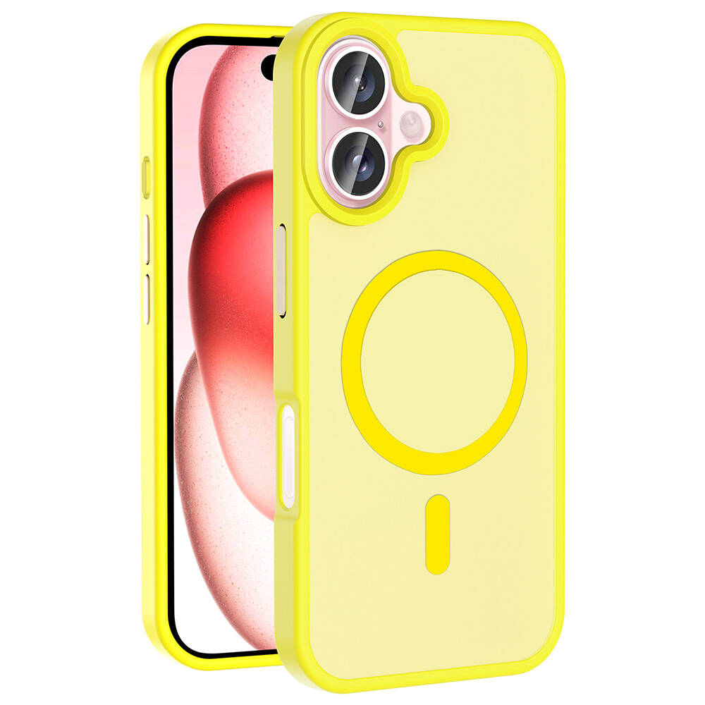İçinde siyah bir telefon bulunan sarı bir telefon kılıfı. Kılıfın dairesel bir tasarımı ve kamera oyuğu var.