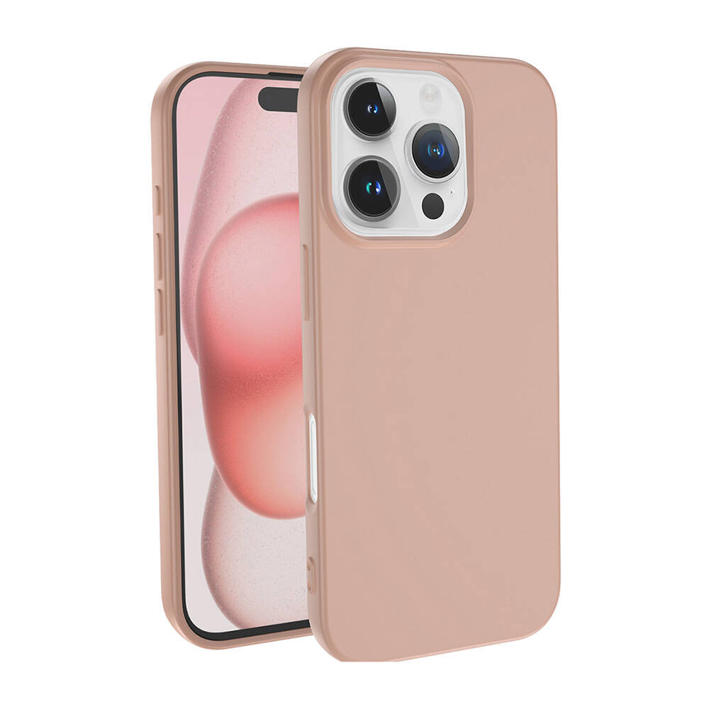 Pembe renkli bir kılıf içinde bir akıllı telefon. Telefonun ekranında pembe ve beyaz bir tasarım var. Kılıfta kamera çıkıntısı var.