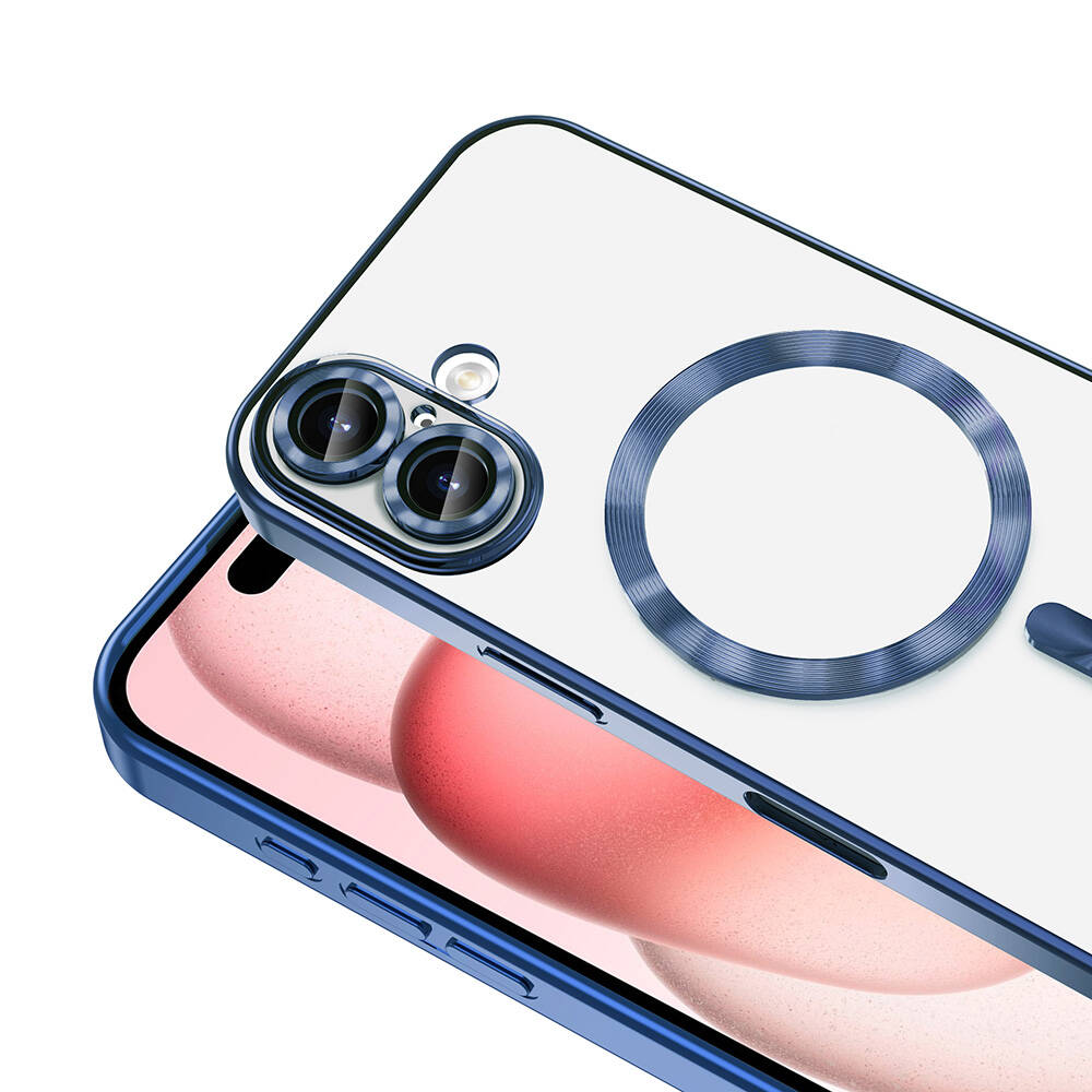 Mavi çerçeveli şeffaf bir telefon kılıfı. Çift kamera kesimi ve dairesel mavi bir mıknatıs halkası var.