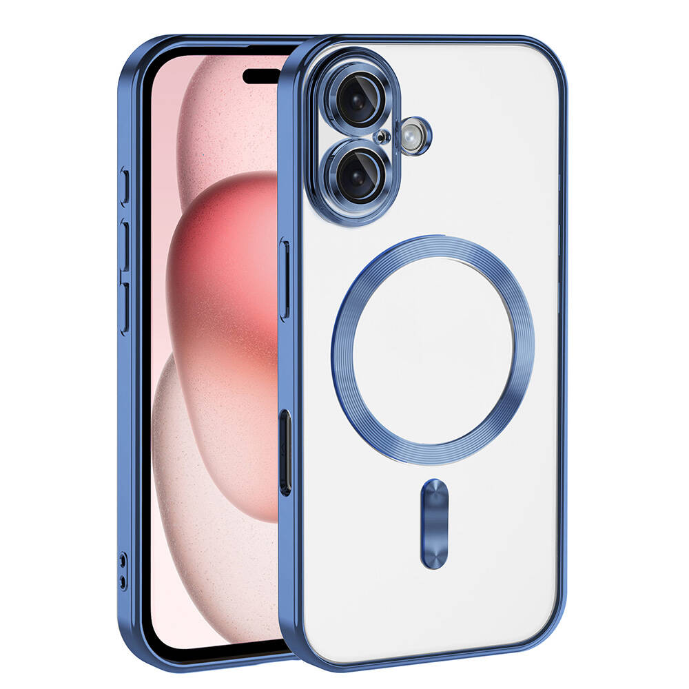 Mavi çerçeveli şeffaf telefon kılıfı. Pembe ve beyaz tasarımlı görülebilir ekran. Kılıfın kamera oyuğu ve manyetik halkası var.