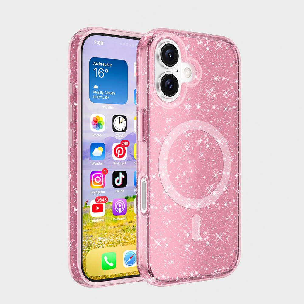 Aizkraukle'de 16 dereceyi gösteren hava durumu uygulamasının bulunduğu, ışıltılı bir kılıfa sahip pembe bir iPhone. Instagram ve TikTok gibi uygulamaların simgeleri.