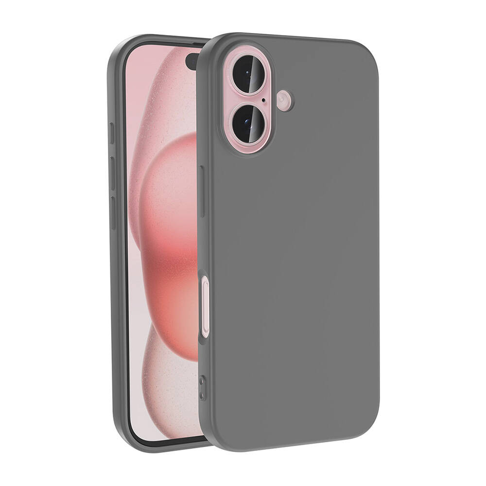 İçinde pembe bir telefon bulunan gri bir telefon kılıfı. Kılıfın kamera lensleri ve düğmeleri için açıklıkları var. Telefon ekranı pembe bir tasarım gösteriyor.