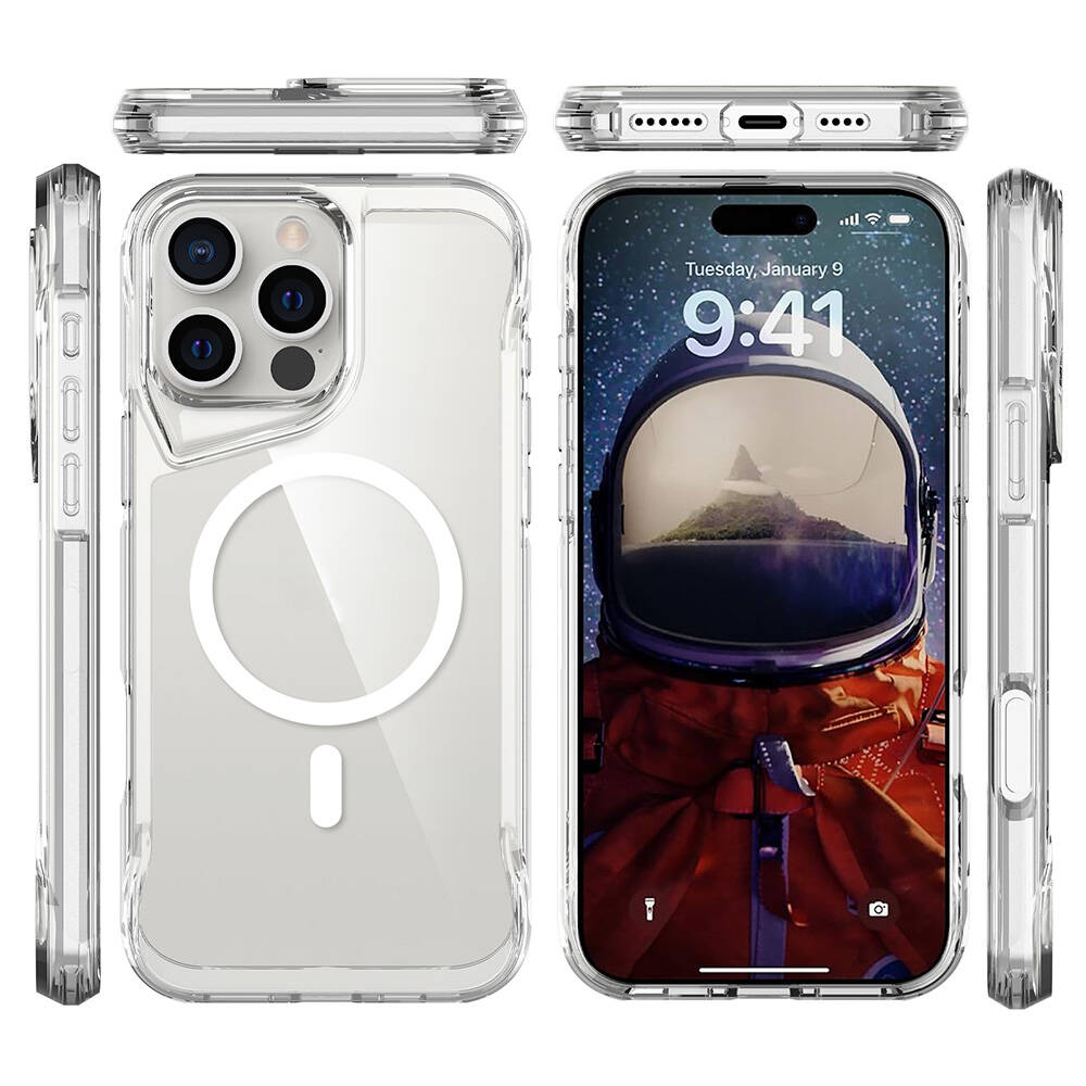 İçinde bir telefon bulunan şeffaf telefon kılıfı. Telefonda bir astronot duvar kağıdı görüntüleniyor. Kılıfın arkasında dairesel bir mıknatıs tasarımı var.