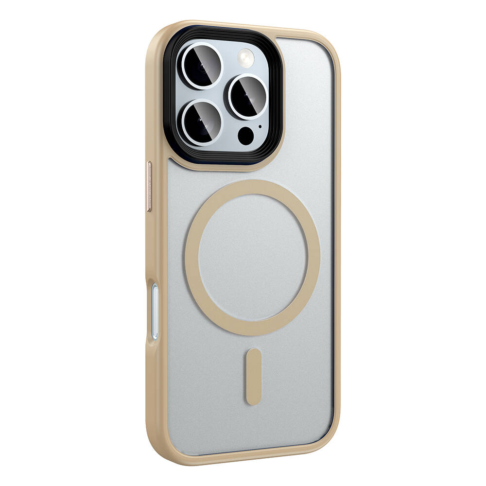 Altın çerçeveli, şeffaf arkalı ve bej daire ve çizgi tasarımına sahip bir iPhone kılıfı. Kamera alanı, lensli siyah bir çerçeveye sahiptir.