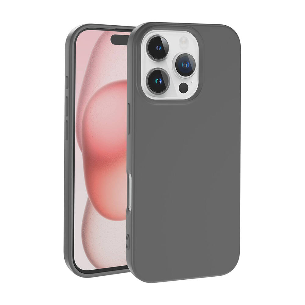 İçinde bir akıllı telefon bulunan gri bir telefon kılıfı. Telefon pembe ve beyaz bir görüntü gösteriyor. Kılıfın kamera boşlukları var.