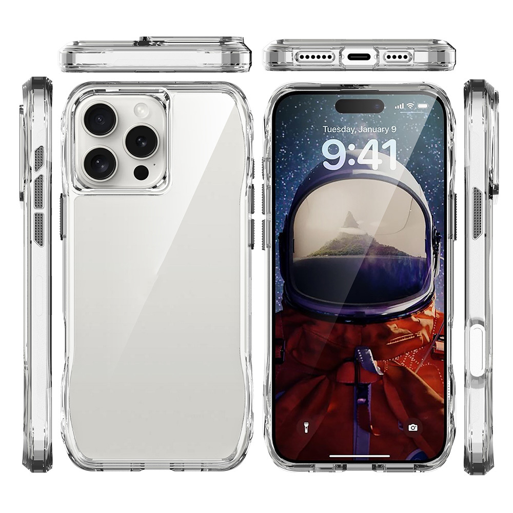 İçinde telefon bulunan şeffaf telefon kılıfı. Ekran bir astronot gösteriyor. Kılıf şeffaf. Salı, 9 Ocak, 09:41.