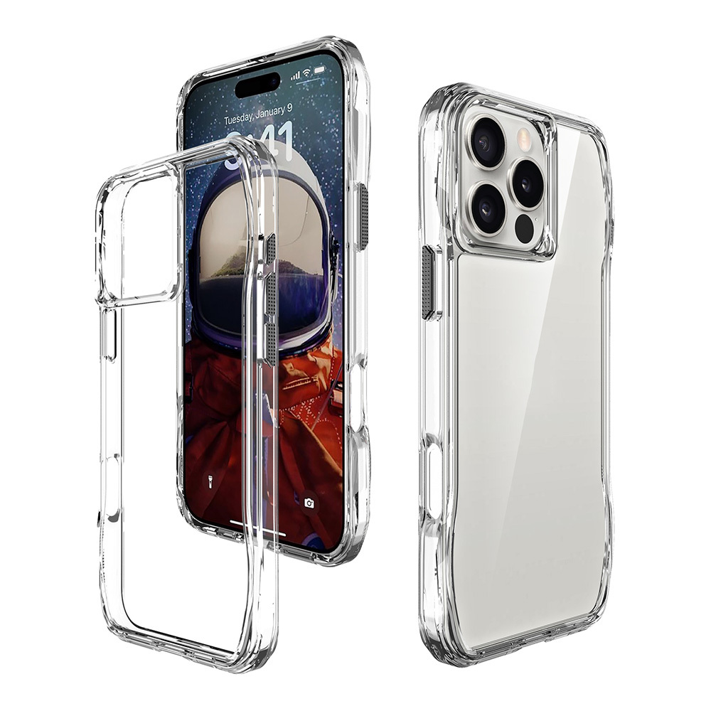 Ekranında astronot olan şeffaf telefon kılıfı. Solda başka bir şeffaf kılıf.