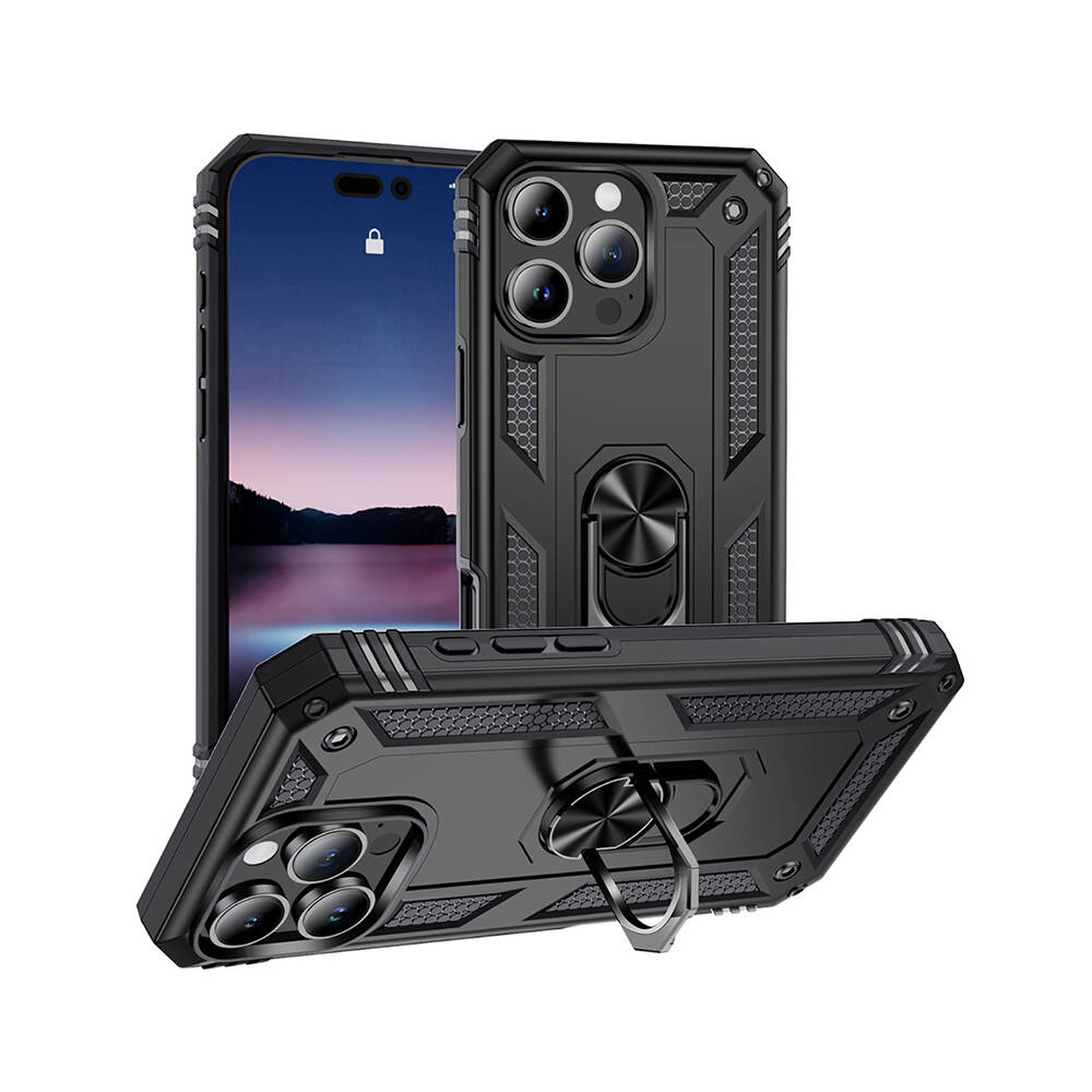 Halka tutucu ve kilitli ekran gösteren bir telefon ekranı olan üç siyah telefon kılıfı. Kılıflar beyaz bir arka plan üzerinde.
