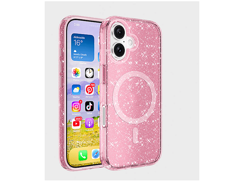 GPACK iPhone 16 Plus Uyumlu Allstar M-Safe Şarj Özellikli Simli Silikon Telefon Kılıfı Pembe