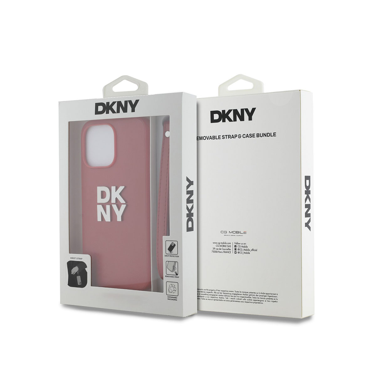Due scatole per custodie per telefoni DKNY. Una mostra una custodia rosa con il logo DKNY. L'altra scatola dice pacchetto cinturino e custodia rimovibili.