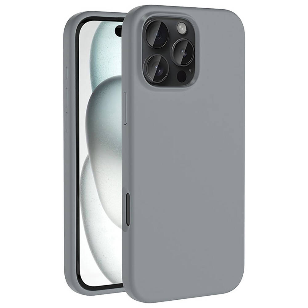 İçinde bir telefon bulunan gri bir telefon kılıfı. Kılıfın kamera ve düğmeler için kesikleri var. Ekran bulanık bir görüntü gösteriyor.